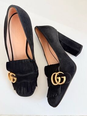 Gucci Marmont GG Suede Fringe Block Heel Pumps Black Loafer Heels EU 38.5